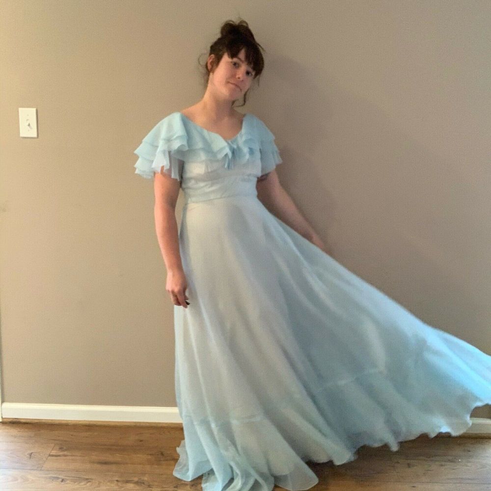 Vintage 1970s Prom Dress Formal Gown Blue Chiffon - Picture 7 of 8